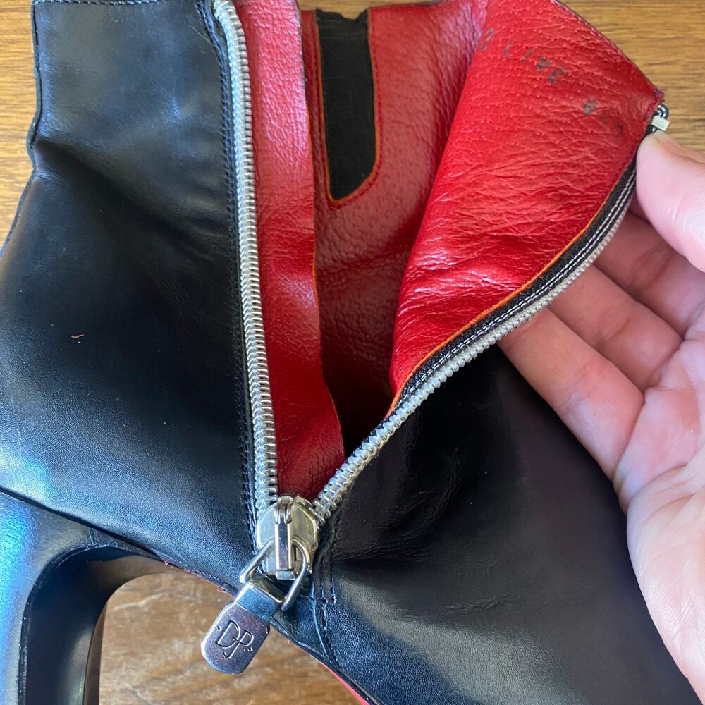 Donald Pliner 8.5M Red Bottom Stiletto Zipper Boots Black Red Leather Square Toe - Picture 8 of 11